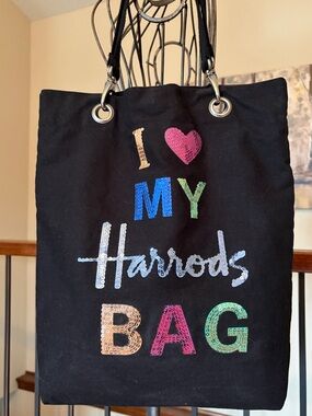 I Love My Harrods Bag Black Sequined Adjustable Straps Souvenir Tote London